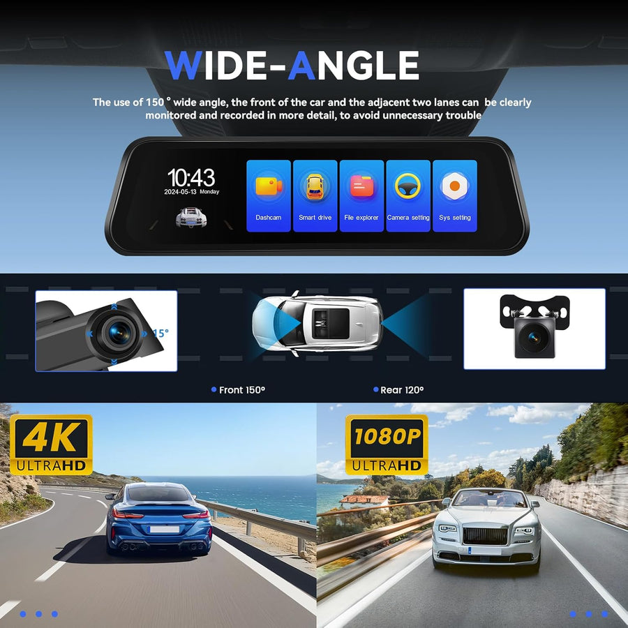DashCam 4K Wifi Miroir avec GPS & 9.66" Écran Tactile, Dashcam Voiture 4K Avant+1080P Arriere, Dashcam Rétroviseur Caméra pour Voiture avec Capteur G, APP, Carte 64 Go, ADAS, Vision Nocturne