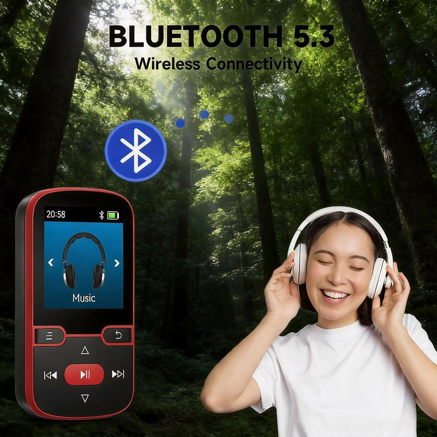 Lecteur MP3 64Go Bluetooth 5.3 avec Clip Musique Sport, écran TFT 1,5" | 28g ultra-léger sport, touches physiques, son HiFi : FM, enregistrement, lecture aléatoire ROUGE