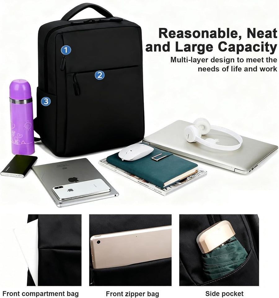 Sac à Dos pour Ordinateur Portable 16 Pouces, Port USB et Sangle pour Valise, Unisexe Étudiant Voyage, Sac Quotidien Enseignant Antivol en Noir