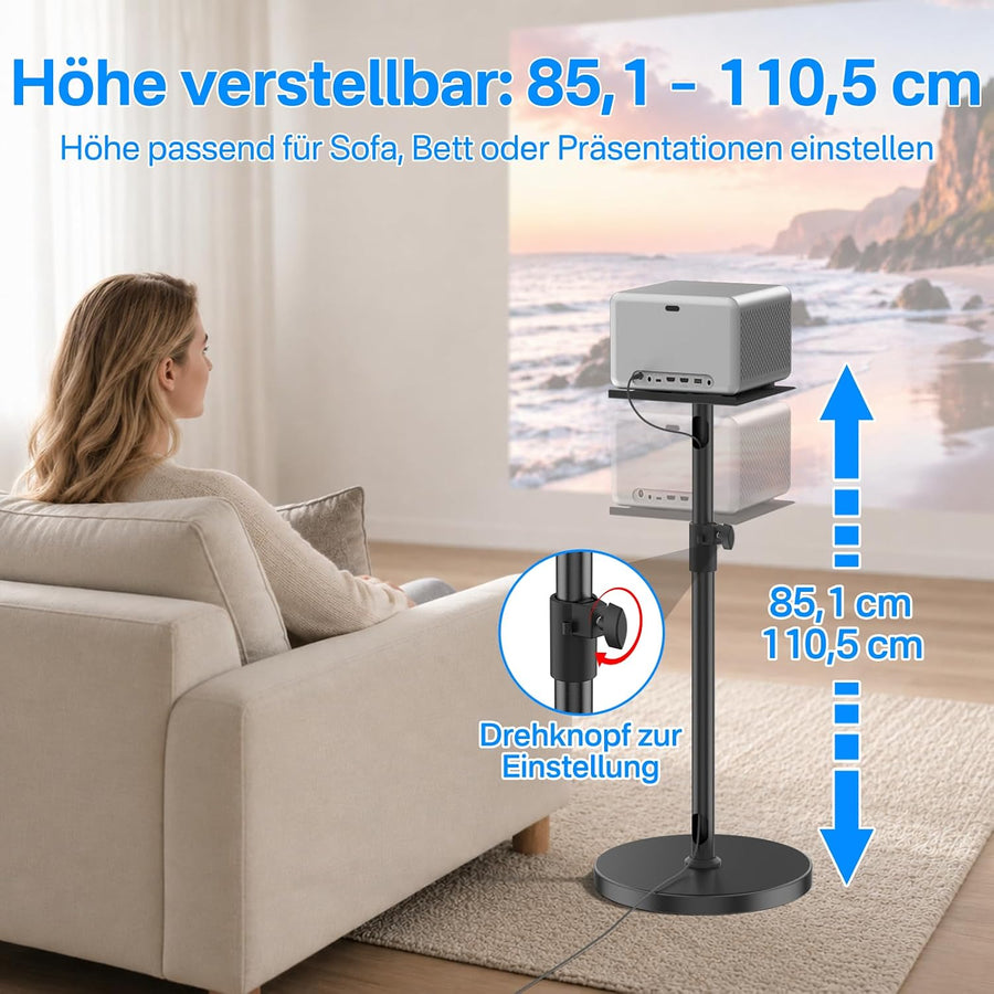 Support universel pour vidéoprojecteur, hauteur réglable sans outil 85-110 cm, gestion des câbles intégrée, métal robuste avec base renforcée, support de projecteur avec sangle de projecteur