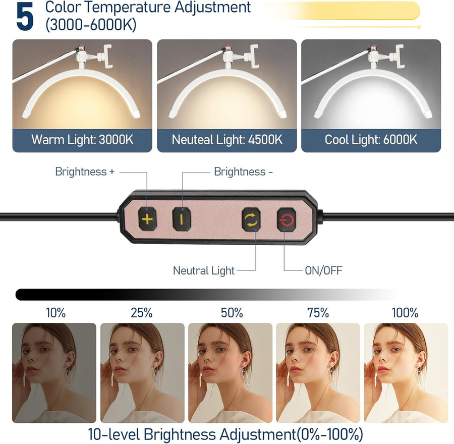 Lampe Demi Lune,Lampe Extension de Cils,36W Lampe de Cils en Lampe sur Pied avec Tête Réglable à 360°,3000K-6000K