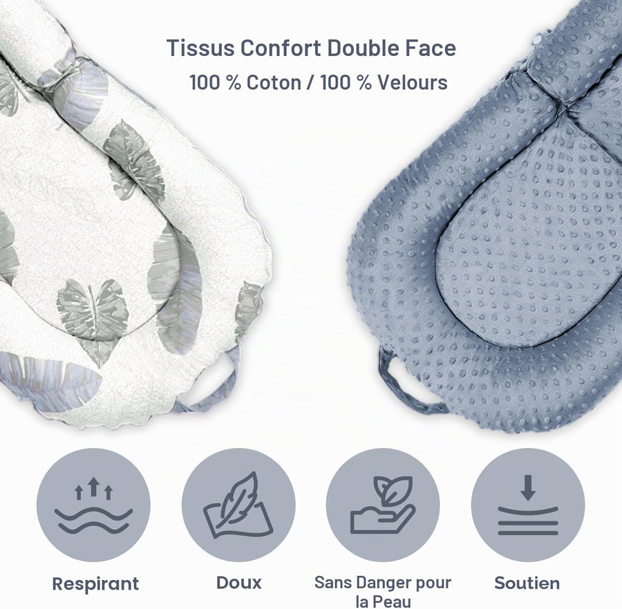 Nid bébé pour nouveau-né, 0 à 24 mois Chaise longue portable 3-en-1, coussin de ventre pliable et soutien assise bébé, housse amovible 100% coton et velours