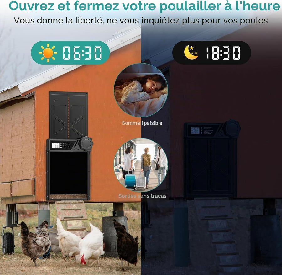 Porte Automatique pour Poulailler à PilesMinuterie | Minuterie, Fonction Anti-pincement, Écran LCD Étanche