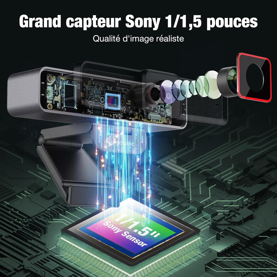 Webcam 4K avec 1/1.5" Sensor, 1080P@60FPS USB Web Camera pour PC | Autofocus PDAF, Cache vie privée, USB3.0 & 2 micros, Idéale pour les réunions vidéo, le Streaming