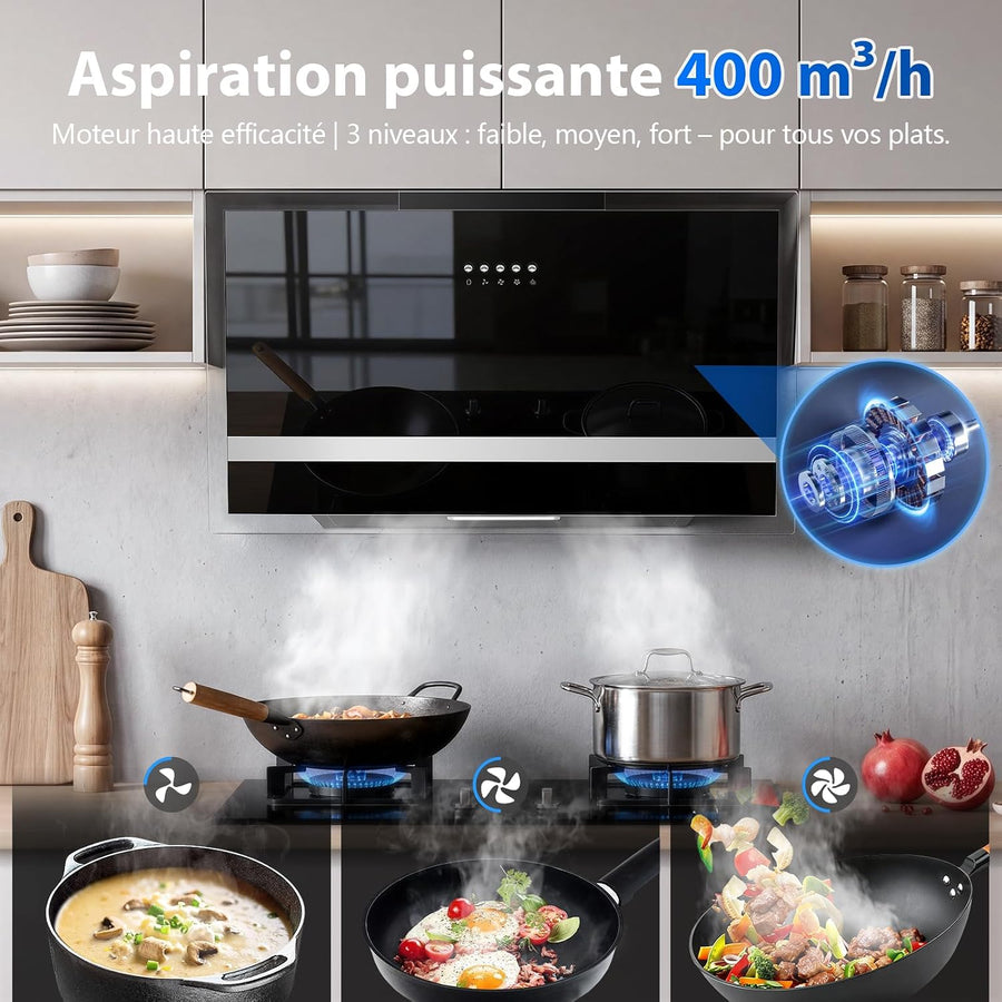 Hotte Aspirante 60cm, 400m³/h, A+++, Sans Balais, Évac/Recycl 3 vitesses mécaniques, Éclairage LED, noir mat/verre, filtre alu 3 couches, kit montage + tuyau alu 1,5 m inclus