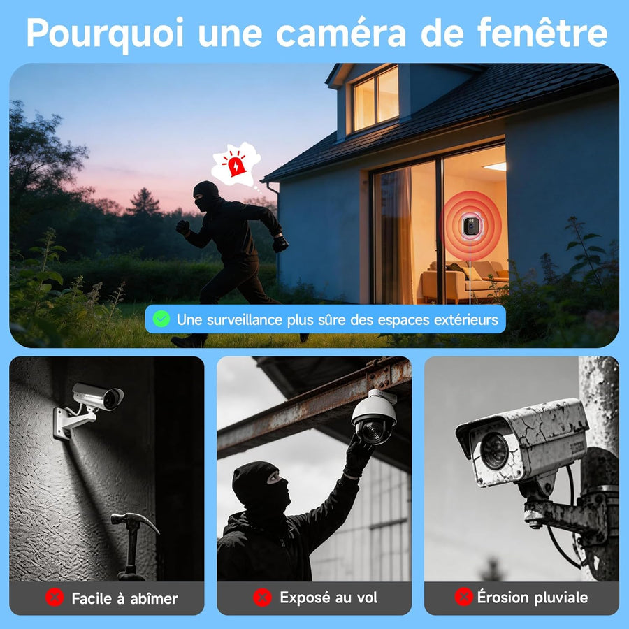 Caméra de Surveillance Intérieure 3MP 2K HD pour Fenêtre | WiFi & Bluetooth, Caméra Connectée avec Vision Nocturne Couleur, Enregistrement 24/7, Détection de Mouvement, Audio