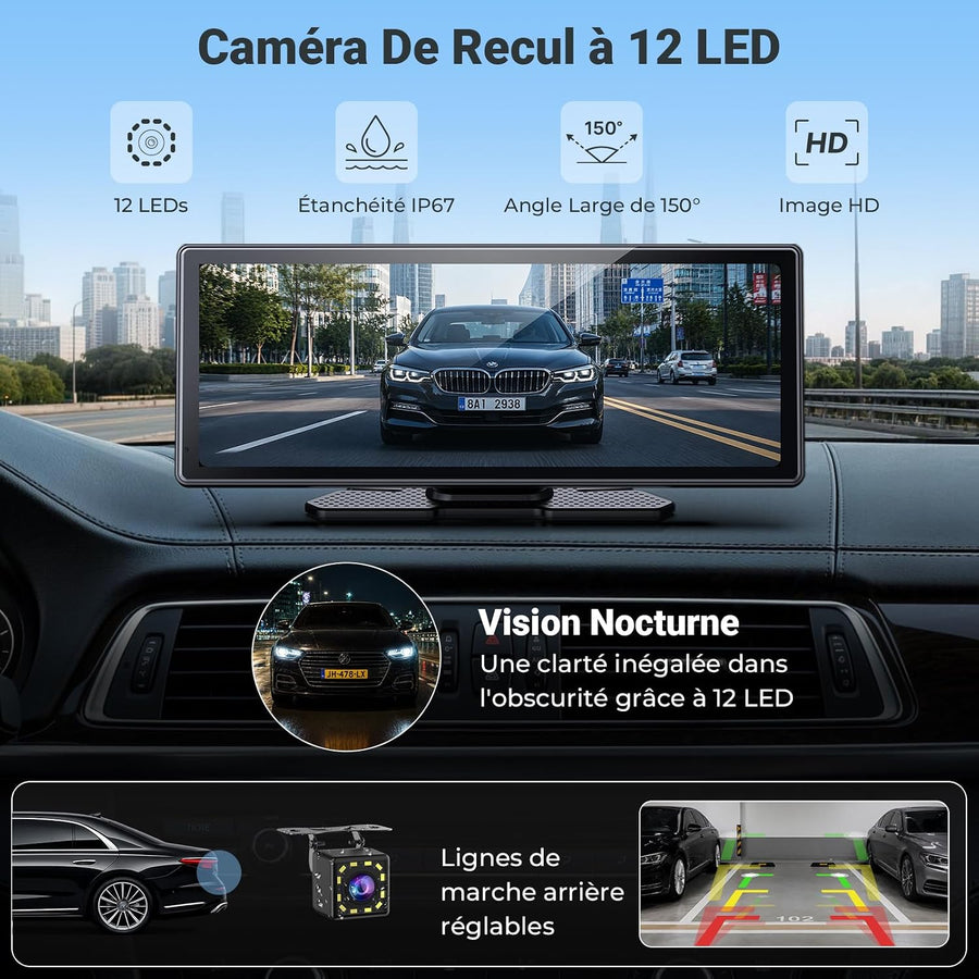 Écran CarPlay sans Fil 10,26" pour Voiture, CarPlay & Android Auto Compatible Avec les Commandes au Volant, Mirror Link et AirPlay,Bluetooth, l'Égaliseur, la Commande Vocale,l'Entrée AUX/FM