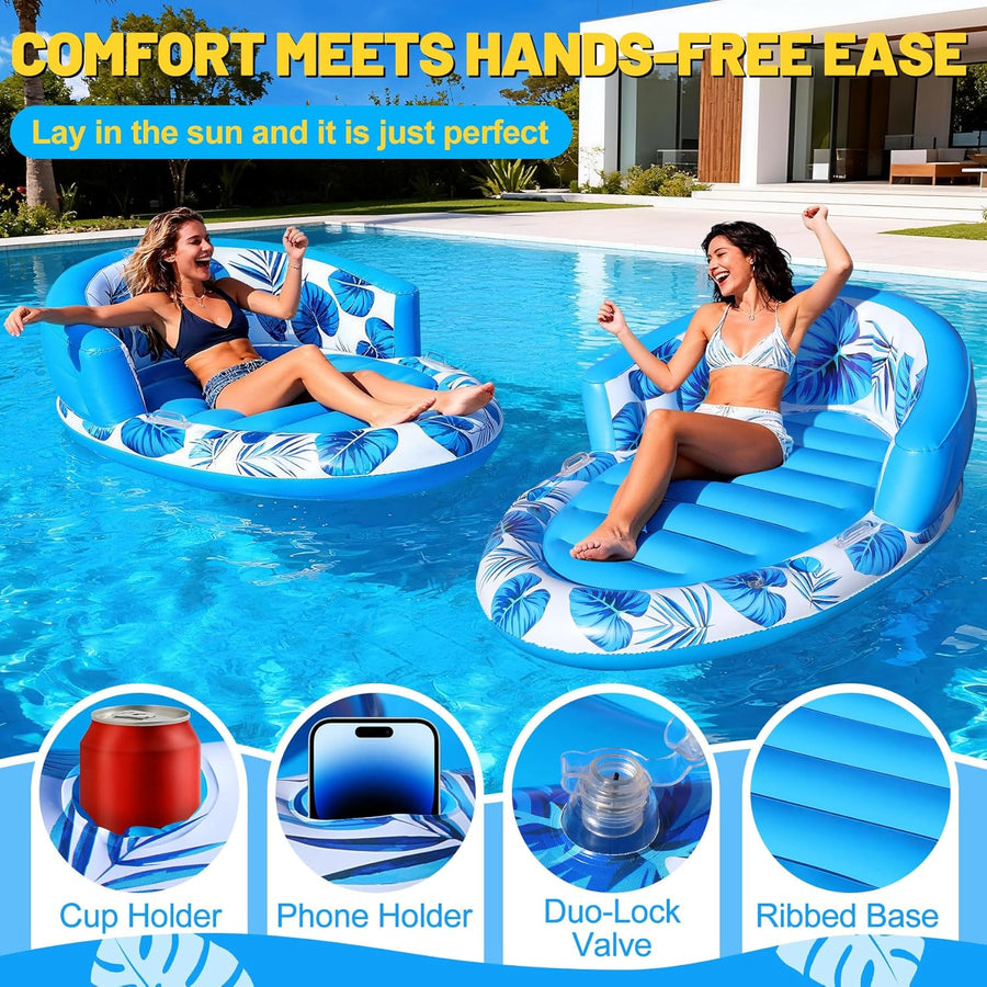 Matelas Gonflable Piscine Adultes, 160 x 100 cm Bouée Gonflable Piscine avec Dossier, Matelas Piscine Gonflable avec Porte-Boisson et Porte-Téléphone, Piscine de Bronzage pour Plage et Jardin