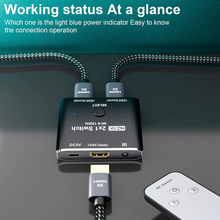 HDMI 2.1 8K interrupteur directionnel 2 in 1 out avec télécommande 8K@60Hz 4K@120Hz Convertisseur haute vitesse 48gbps