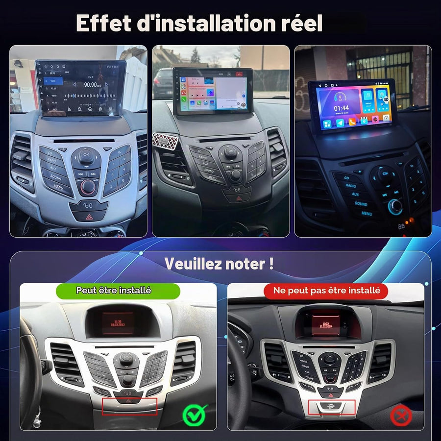 Autoradio Android pour Ford Fiesta 2009-2017: 2GB+64GB Écran Tactile IPS 9 Pouces 1280x720P pour Fiesta avec sans Fil CarPlay Android Auto, GPS, WiFi, Bluetooth 5.0, Écran Partagé + Caméra de Recul