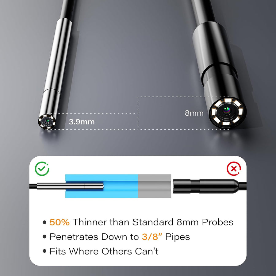 Endoscope, Caméra d'Inspection 3.9mm, USB Interchangeable, Pince Incluse | Écran IPS 4,3" 1080P HD. Étanche IP67, câble 5M, pince débouchage 1M incluse. Système modulaire USB, mallette de transport