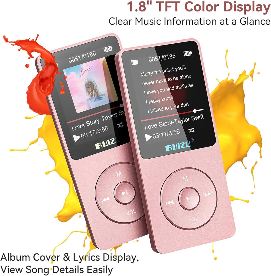 Lecteur MP3 64Go Bluetooth 5.3 Portable avec Touches Physiques | 30g ultra léger, écran 1,8", jusqu'à 80h de lecture, extension MicroSD 128Go pour musique au quotidien