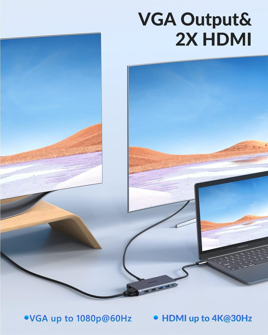 Hub USB C 12 en 1, MAVINEX Adaptateur USB C Multiport à Triple Affichage avec PD 100W, Double HDMI 4K et VGA 1080P, Ethernet RJ45, USB-C et 4 Ports de données USB-A, Lecture Carte SD/TF
