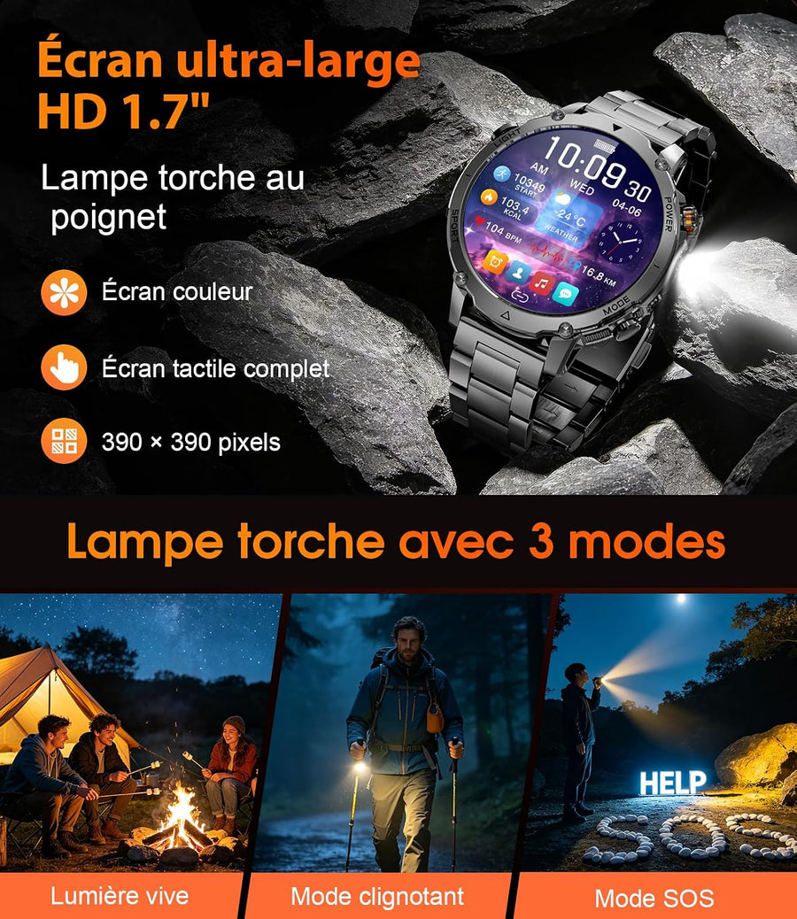 Montre Connectée Homme, Batterie 1400mAh, Écran HD 1,7 Pouce, Lampe LED, 110+ Modes Sport Montre Militaire Homme, Suivi Sommeil, IP68 Étanche, Smartwatch pour Android iOS, 2 Bracelets, Noir Gris