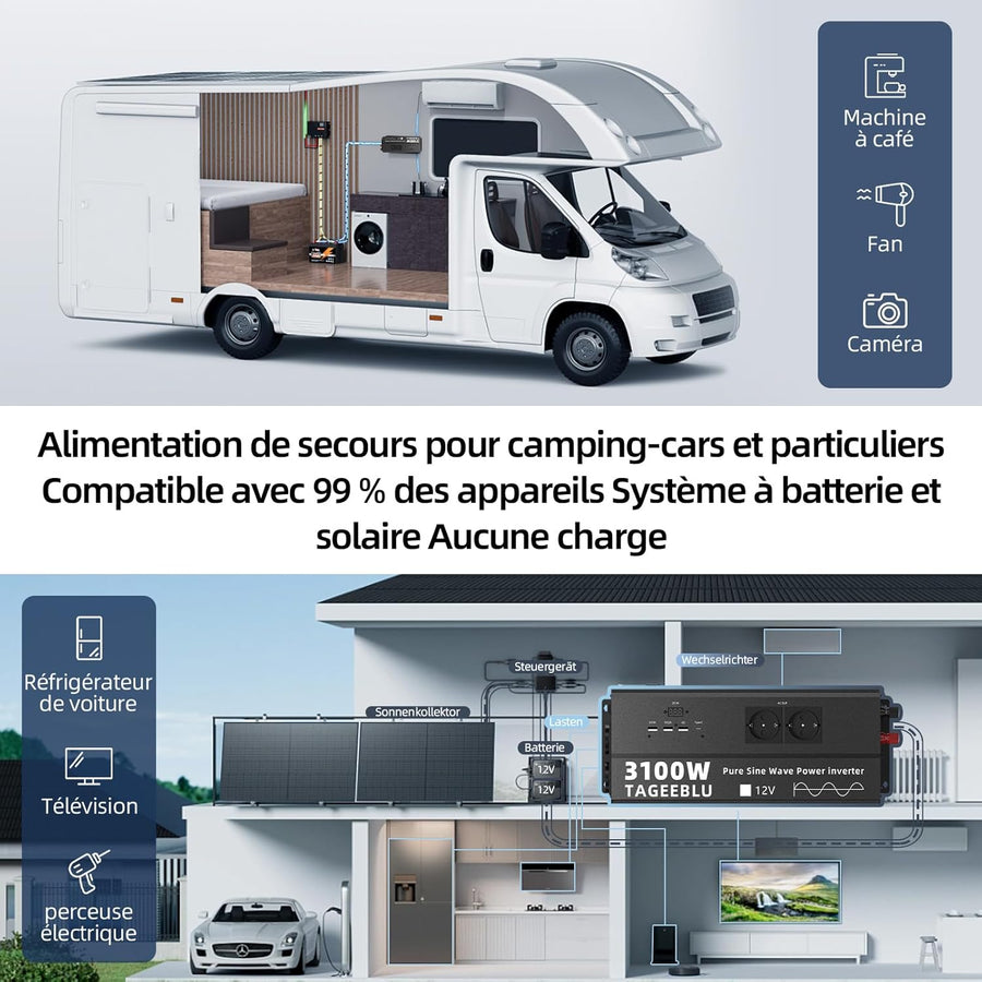 3100W Pur Sinus convertisseur 12v 220v, transformateur 12v 220v avec écran LCD, 4 Prise UE, Type C 30W, Charge Rapide USB 25W, 3 Ports USB