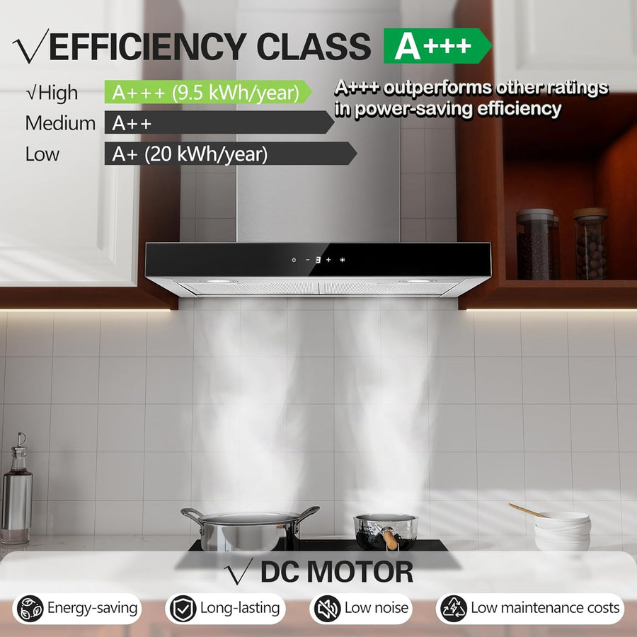 Hotte Aspirante 60cm, Class A+++ 450m³/h Hotte de Cuisine Silencieuse, Hotte Aspirante Evacuation ou Recyclage Inclus Filtres Charbon, 3 Vitesses - Fonction Boost, Commande Tactile, Inox