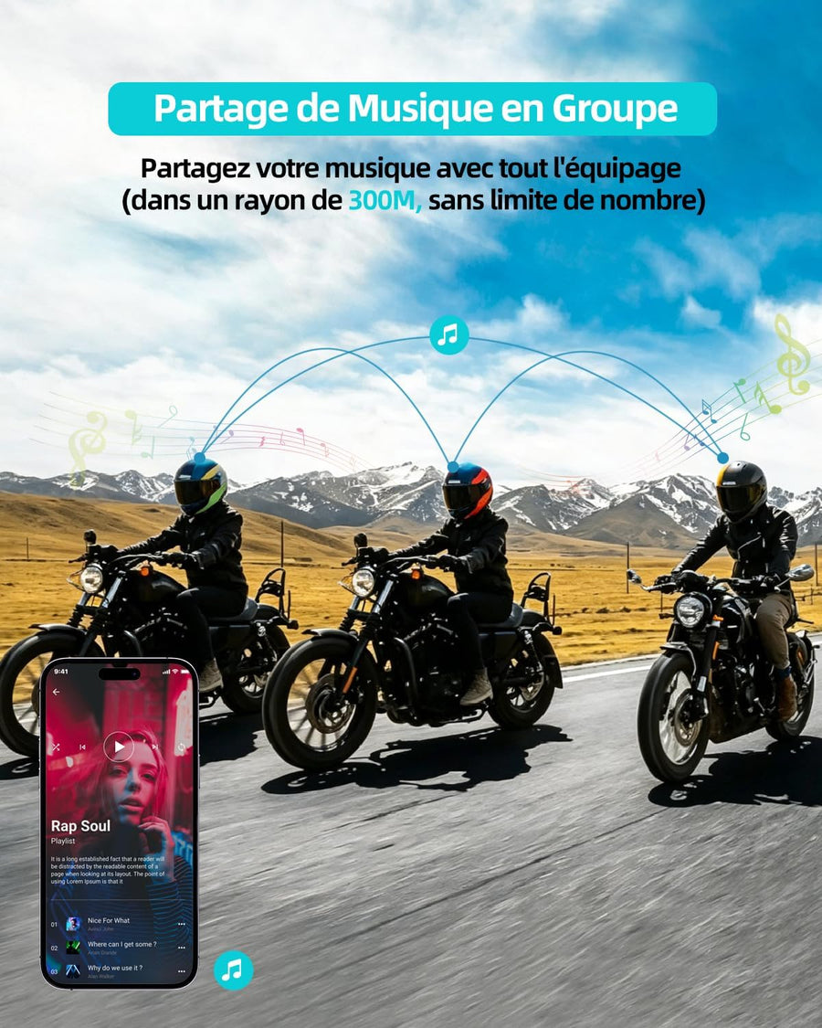 BLAISE V6 Plus Intercom Moto Bluetooth, Système de Communication Casque, 2 Voies pour 2 Motards & Jusqu’à 6 Appairés, Portée 1000 m, Bluetooth 5.3, Réduction de Bruit, Partage de Musique,Unique Pack