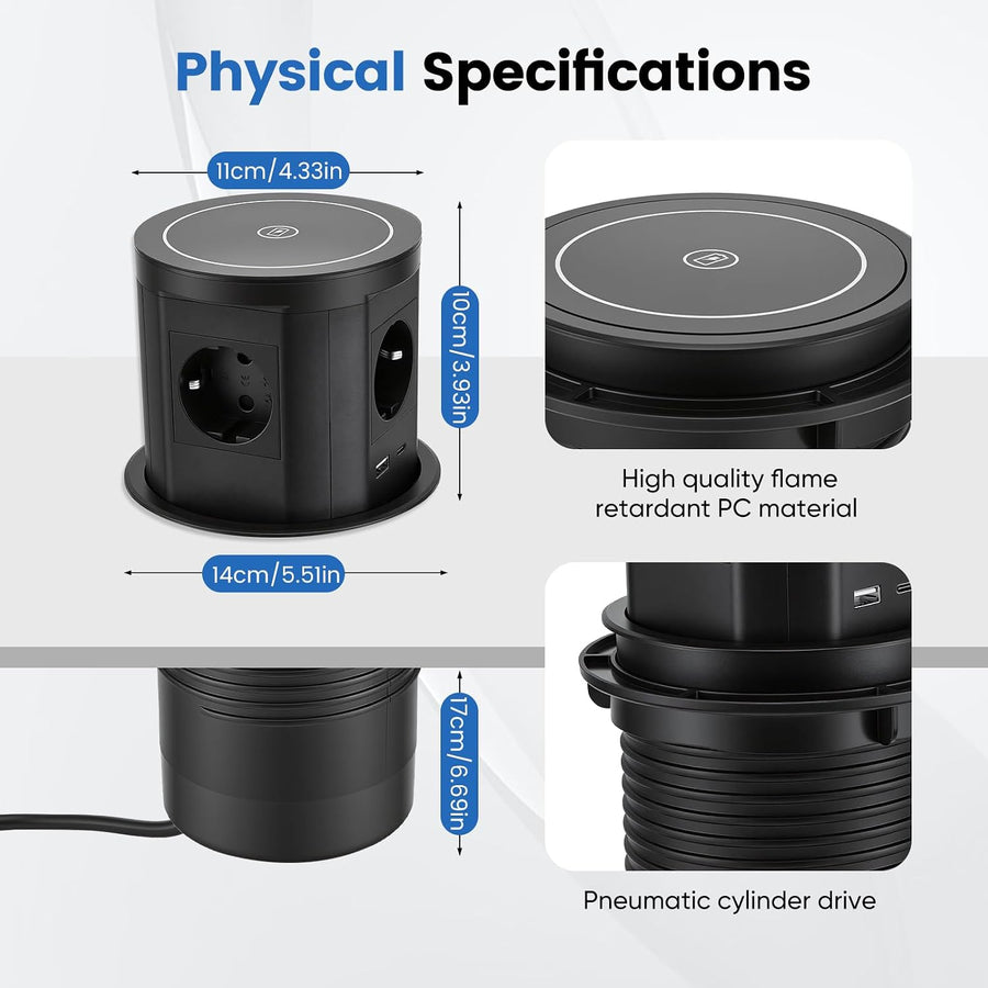 Bloc Prise Encastrable Automatique, Prise Encastrable Plan de Travail avec Chargeur Sans Fil 15 W, D 117 mm, Prise de Table Escamotable 3 Prises avec 1 USB C 1 USB A - Prise de Table Rétractable