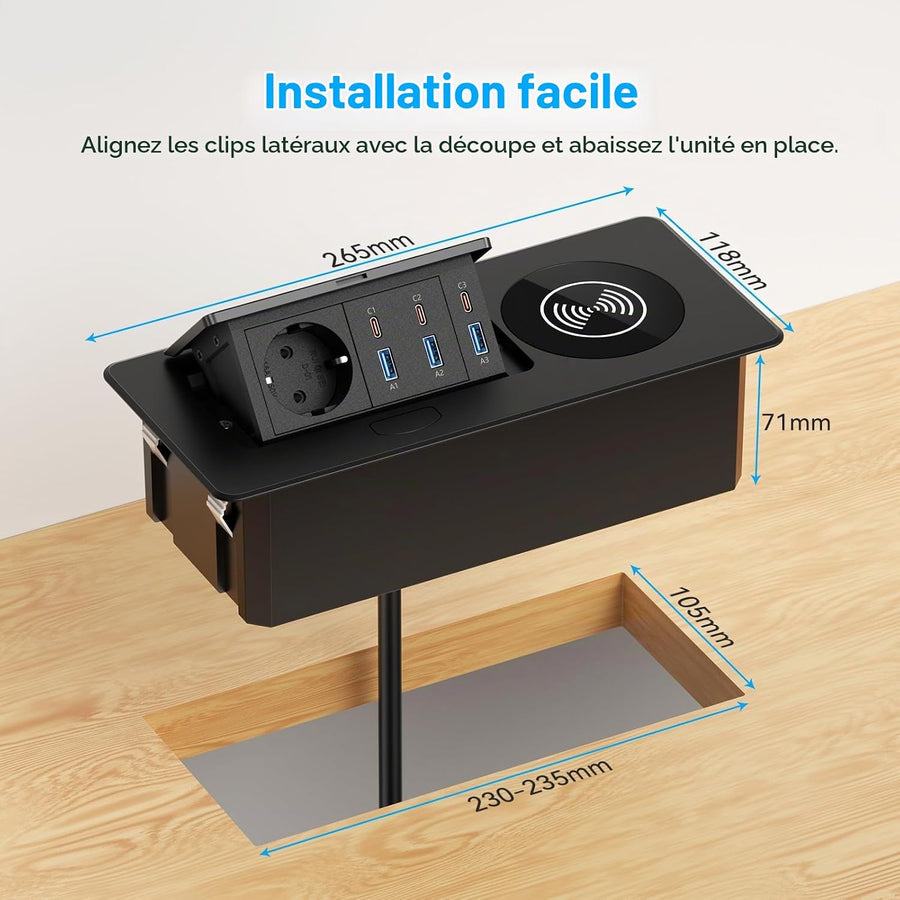 Alpheus Prise Encastrable Plan de Travail, Charge sans Fil 15W, USB-C1 30W 3 USB-C, 3 USB-A, 1 Prise Secteur, Câble 1,8m, pour Bureau, Table de Réunion, Plan de Travail et ilot de Cuisine,10A/2500W