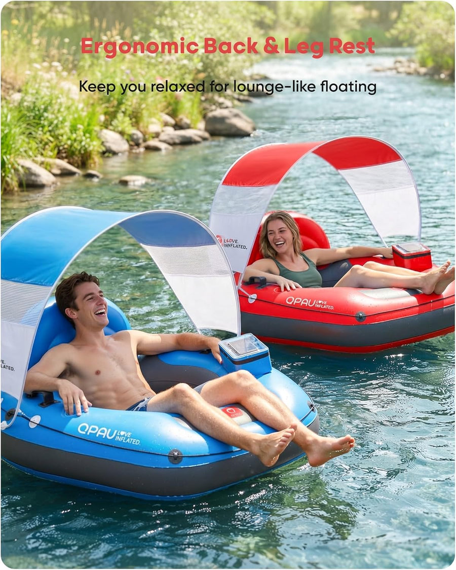 Tube de rivière gonflable de 116,8 cm avec auvent pare-soleil amovible, tube flottant robuste pour adultes, repose-jambes et dossier ergonomiques, sac imperméable et porte-gobelets BLEU