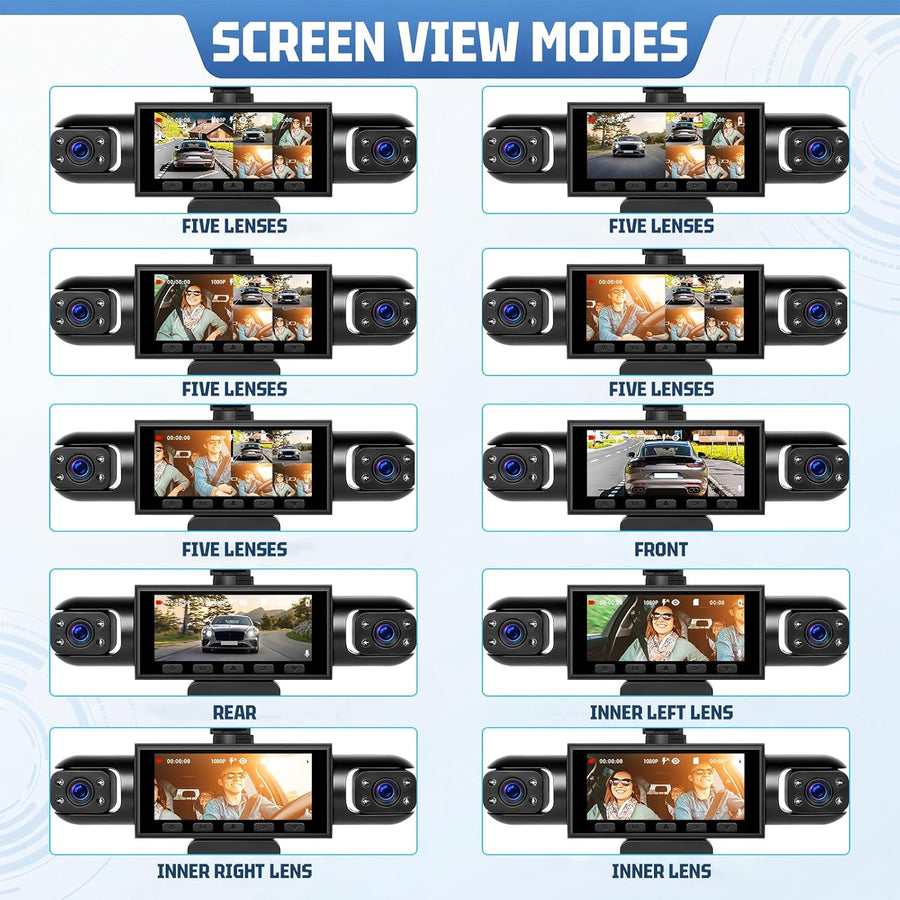 Caméra embarquée 5 canaux 1080P Avant arrière intérieur, écran IPS 3,16" | Dashcam Voiture 360 Degrés, surveillance de stationnement 24 heures, capteur G, enregistrement en boucle, installation facile