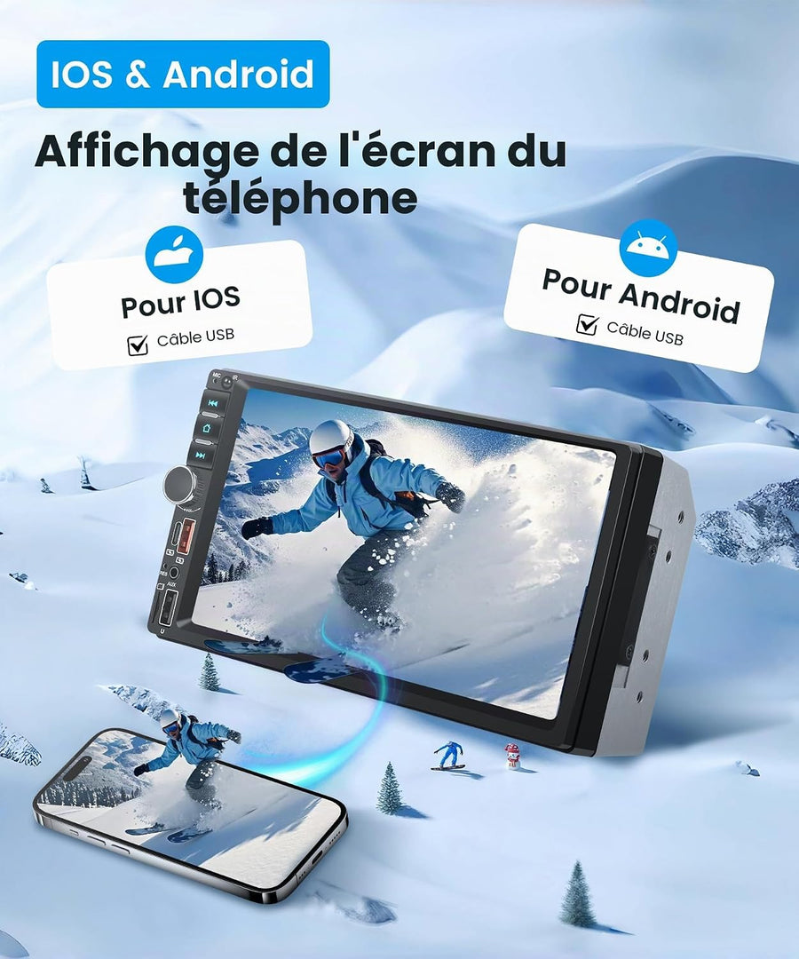 Carplay Autoradio 2 Din avec You-Tube Android Auto, 7 Pouces Écran Tactile Autoradio Double Din avec iOS/Android Mirror Link Bluetooth FM Radio USB/EQ/AUX Commande au Volant Caméra de Recul