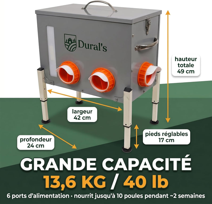 Mangeoire Poules Anti-Nuisible Grande Capacité 18 kg / 30 L – Distributeur de Graines Automatique Acier Galvanisé, 6 Ports & Fenêtre de Niveau – Mangeoire Poule Extérieur Poulailler