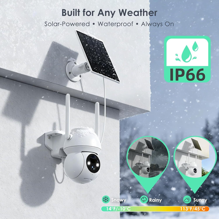 Caméras de sécurité solaires d'extérieur sans fil, caméra PTZ WiFi à 360° avec panneau solaire, vision nocturne couleur HD 1080p, détection humaine AI, audio bidirectionnel, étanchéité IP66