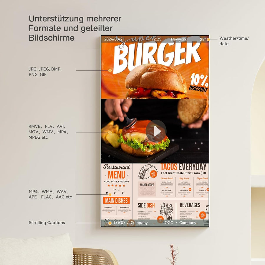 Écran d'Affichage Dynamique 21.5" 2K UHD, Écran Publicitaire Professionnel 700 Nits Haute Luminosité, Affichage Numérique