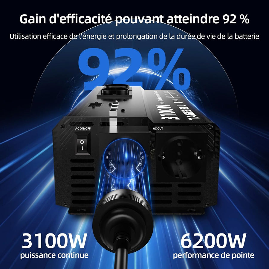 3100W Pur Sinus convertisseur 24v 220v Camion, transformateur 24v 220v, convertisseur pour véhicules avec Clip Alligator, 4 Prises UE et écran LCD