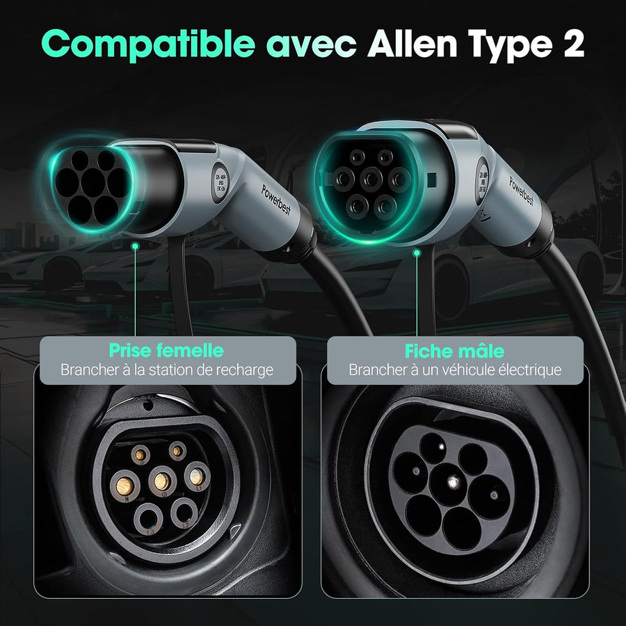 Câble de Charge Type 2, 22KW 5M 32A Voiture Électrique Triphasé Type 2 à Type 2 EV/PHEV