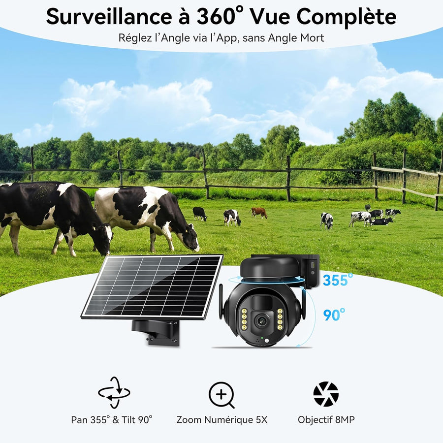 Caméra de Surveillance 4K - PTZ 360° Extérieure Étanche avec Zoom 5X, Caméra Solaire 4G/5G LTE pour Sécurité Domestique, Inclus Carte SIM 300Mo et Carte SD 64Go (8MP)