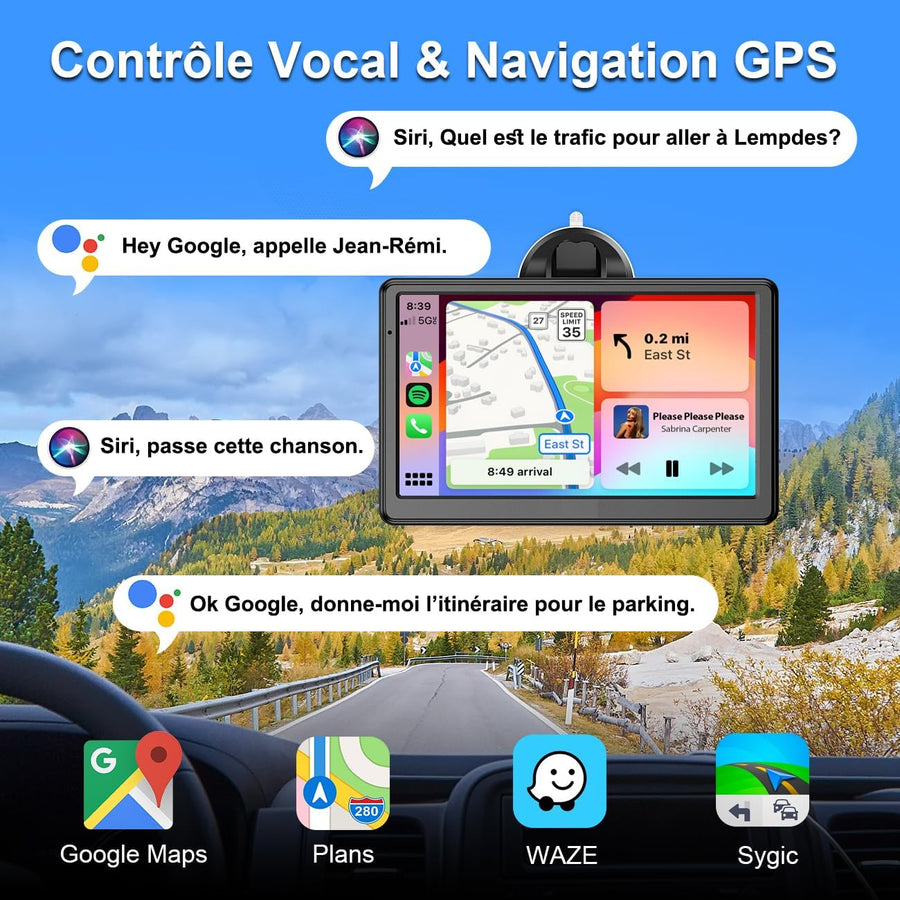 Écran Voiture 7 Pouces avec Caméra de Recul, CarPlay sans Fil Android Auto | Portable Autoradio de Voiture avec Commande Vocale, Navigation GPS, FM, MirrorLink, Bluetooth Appels avec Mains Libres, AUX
