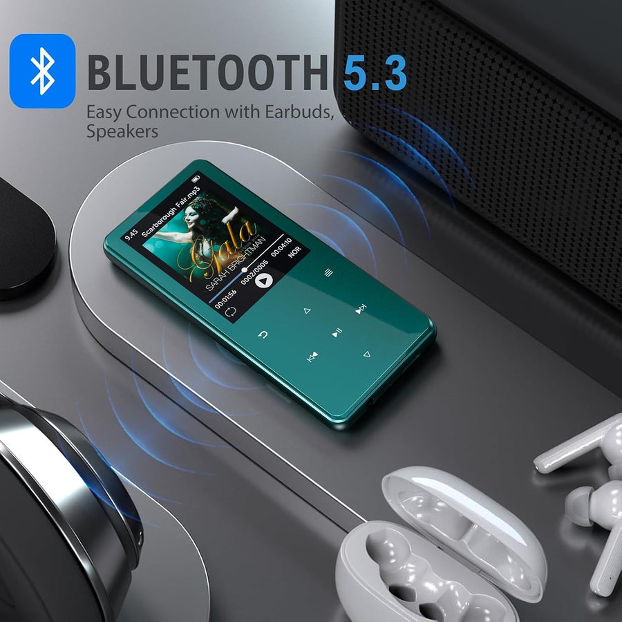 Lecteur MP3 Bluetooth 5.3 64Go écran 2,4" Touches tactiles Haut-Parleur Boîtier en métal, 45 h d'autonomie, 18 sons relaxants, radio FM, extensible jusqu'à 128Go