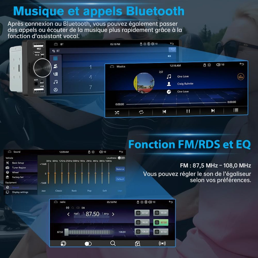 Autoradio 1 DIN avec Écran Tactile 6,36", Compatible CarPlay & Android Auto, Bluetooth, GPS, FM, Charge Type-C, 2 USB, Microphone, Égaliseur, Commandes au Volant