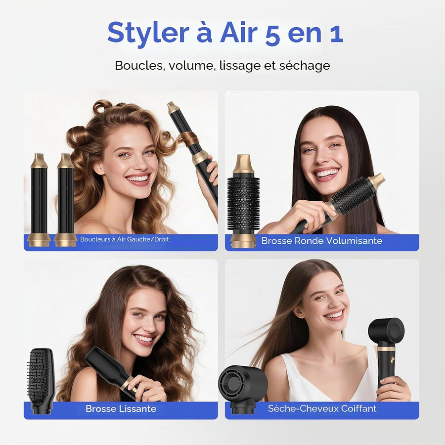 Airstyler 5 en 1 Brosse Soufflante Air Styler set Hair Styler Airbrush Fer a Boucler Brosse Soufflante Brosse Lissante Pour Cheveux, Kit de coiffure