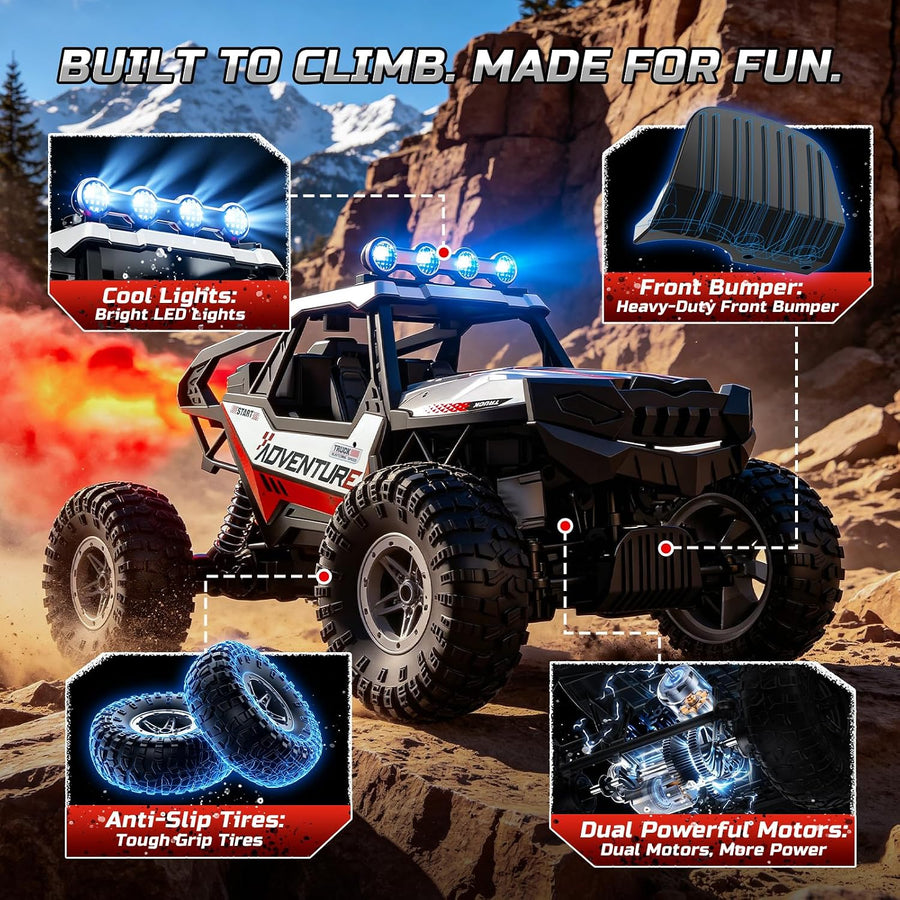 Voiture télécommandée 1:14 pour Enfants, Monster Truck Tout-Terrain 4x4 avec brumisateur, carrosserie en métal, lumières LED, fréquence 2,4 GHz