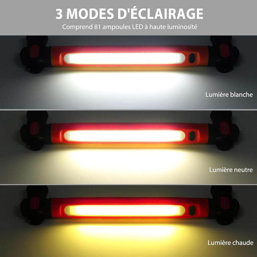 Lampe de Travail LED Rechargeable 6000 mAh 3000 LM Lampes d'Inspection avec Aimant et Crochet Lampe Pivotante pour Réparation Automobile avec 3 Modes de Luminosité