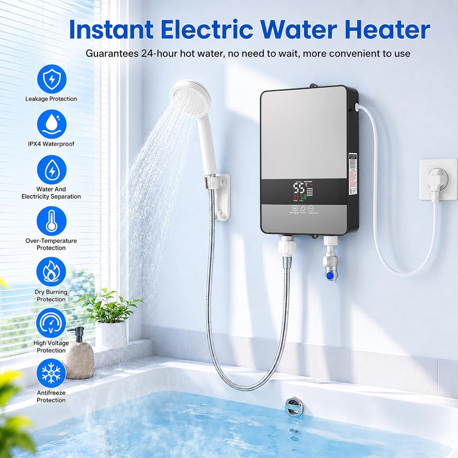 Mini chauffe-eau instantané 6000 W 230 V sous table, contrôle électronique de la température 30-55 °C, écran tactile LED, 8 protections de sécurité, compact pour cuisine, douche, salle de bain