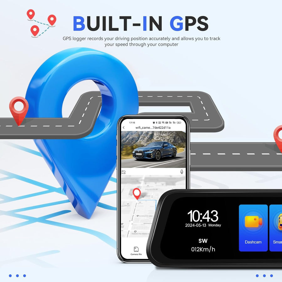 DashCam 4K Wifi Miroir avec GPS & 9.66" Écran Tactile, Dashcam Voiture 4K Avant+1080P Arriere, Dashcam Rétroviseur Caméra pour Voiture avec Capteur G, APP, Carte 64 Go, ADAS, Vision Nocturne
