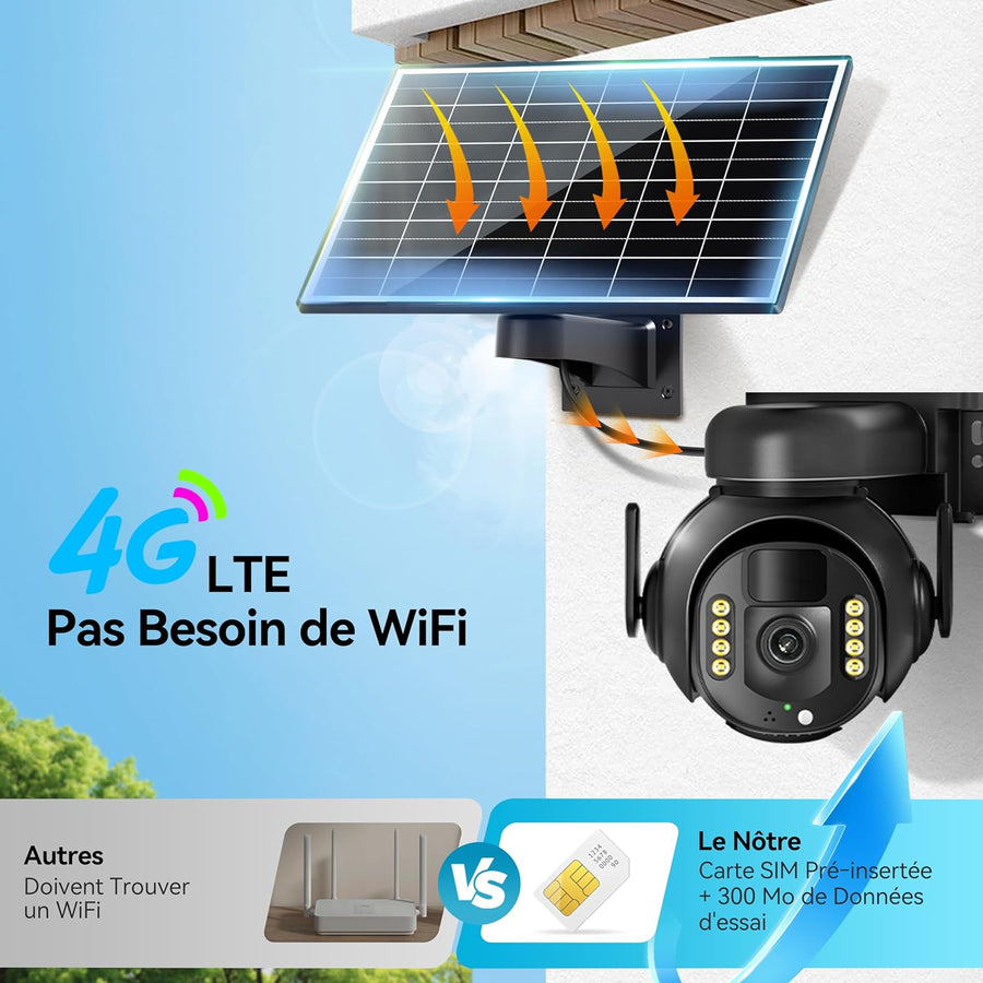Caméra de Surveillance 4K - PTZ 360° Extérieure Étanche avec Zoom 5X, Caméra Solaire 4G/5G LTE pour Sécurité Domestique, Inclus Carte SIM 300Mo et Carte SD 64Go (8MP)