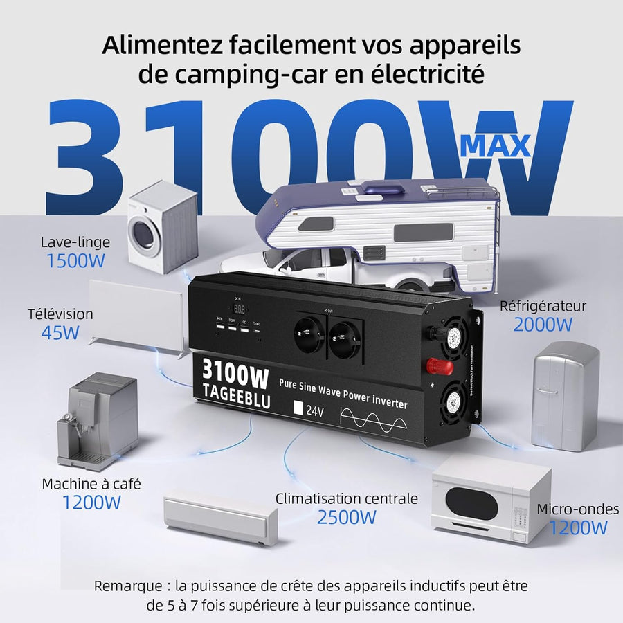 3100W Pur Sinus convertisseur 24v 220v Camion, transformateur 24v 220v, convertisseur pour véhicules avec Clip Alligator, 4 Prises UE et écran LCD
