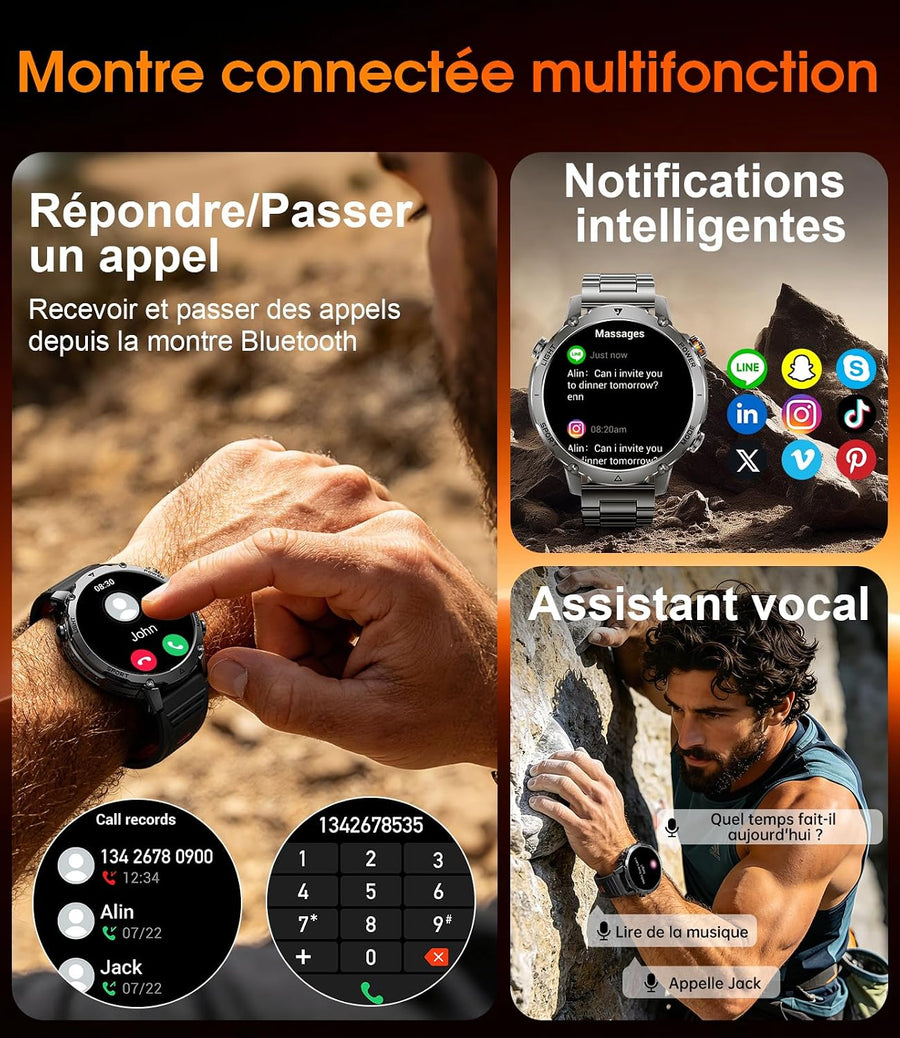 Montre Connectée Homme, Batterie 1400mAh, Écran HD 1,7 Pouce, Lampe LED, 110+ Modes Sport Montre Militaire Homme, Suivi Sommeil, IP68 Étanche, Smartwatch pour Android iOS, 2 Bracelets, Noir Gris