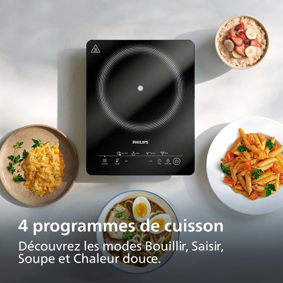Philips Plaque à induction Série 3000 - Plaque électrique portable, 8 niveaux de chauffe, 4 programmes de cuisson, puissance élevée de 2000W, avec arrêt automatique, Écran tactile (HD5830/90)