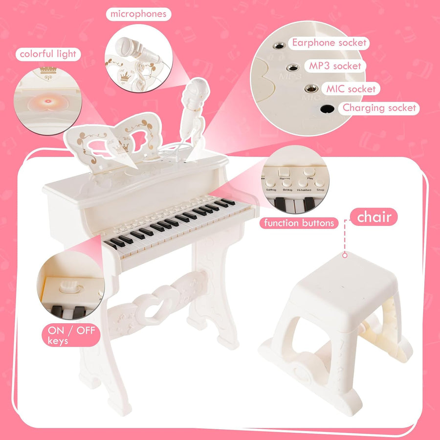 Jouet Piano Enfant, Piano Numérique 37 Touches pour Enfants avec Tabouret & Microphone, Piano Electronique Portable avec Microphone