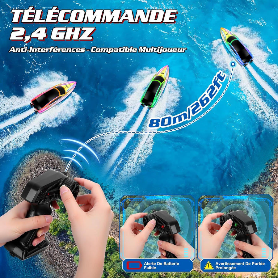 Bateau Télécommandé, 15km/h Bateau RC avec 7 Modes Lumières LED, 2.4GHZ Bateau Telecommandé Enfant pour Piscine et Lacs, Speedboat De Course RC autonomie 120 Minutes