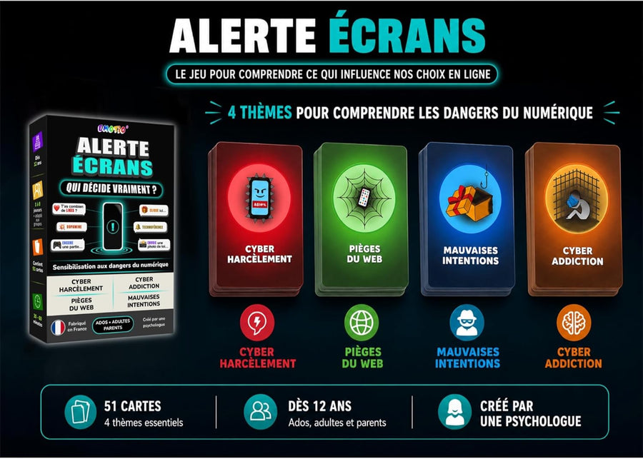 Alerte ÉCRANS – Jeu éducatif sur Les Dangers du numérique | Prévention cyberharcèlement, Addiction, pièges du Web | Ados & Adultes | Créé par Une Psychologue et fabriqué en France