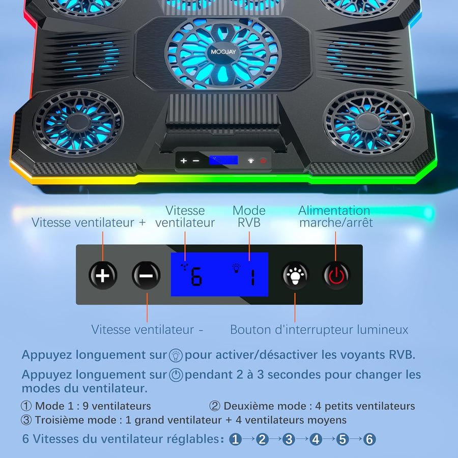 Support Refroidisseur pour Ordinateur Portable avec 9 Ventilateurs Silencieux Compatible 14-19 Pouces, 6 Vitesses Réglables, 10 Modes D'éclairage RVB, 2 Ports USB Et Support pour Téléphone