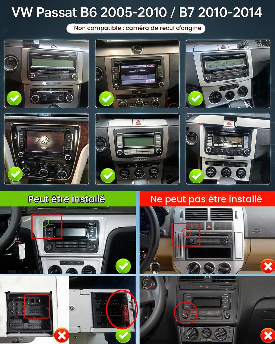 Autoradio Android 2+64G avec Écran pour VW Passat B6 B7 2005-2014 CarPlay Sans Fil Android Auto, 2Go+64Go, 9" IPS Tactile, GPS Navigation, Écran Partagé, CANBUS, Caméra AHD Incluse