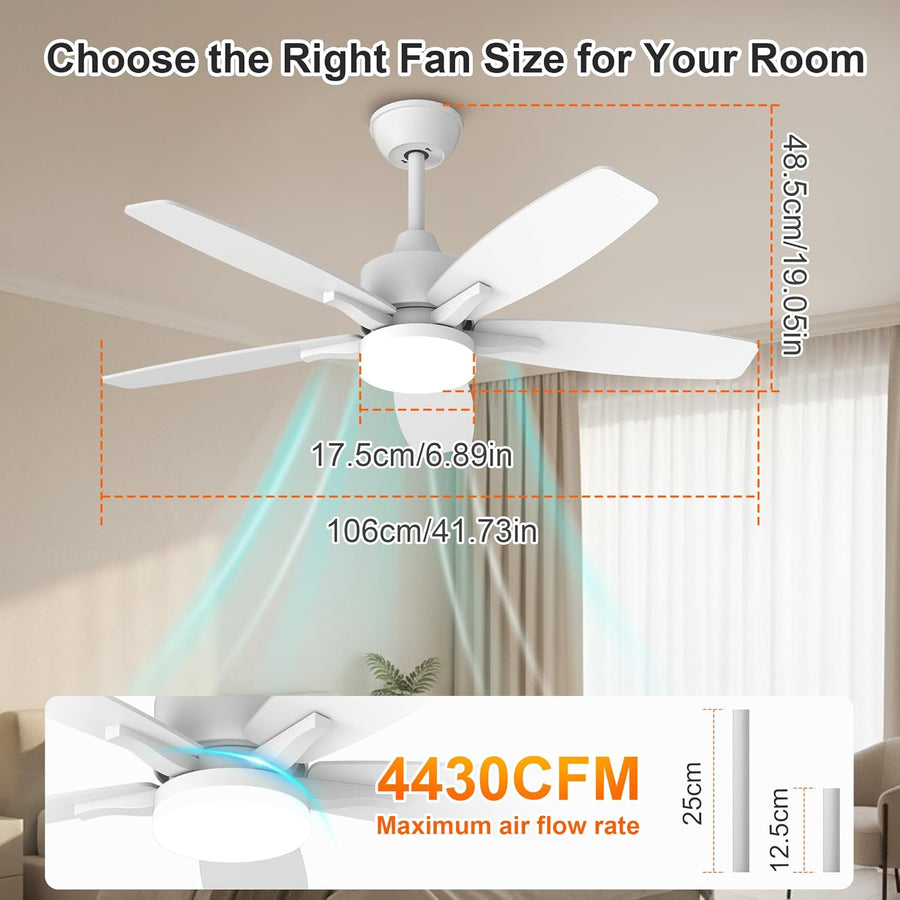 Ventilateur de Plafond avec Lumière et Telecommande, 106cm LED Lampe Ventilateur Plafond Dimmable Lampe Intégrée, 6 Vitesses, Silencieux Pales Effet Bois (Blanc+bois Clair)